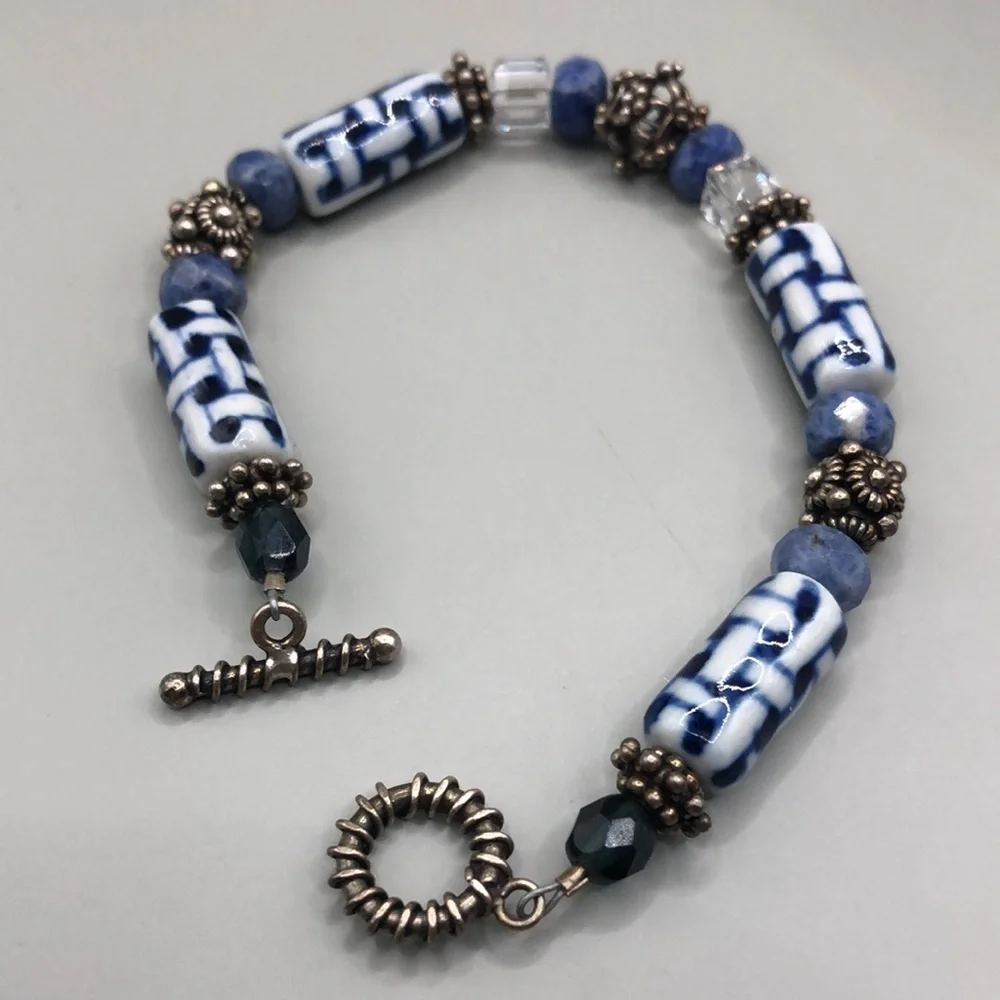 𝅺Vintage artisan handmade ceramic bead sterling silver bracelet boho free spirit